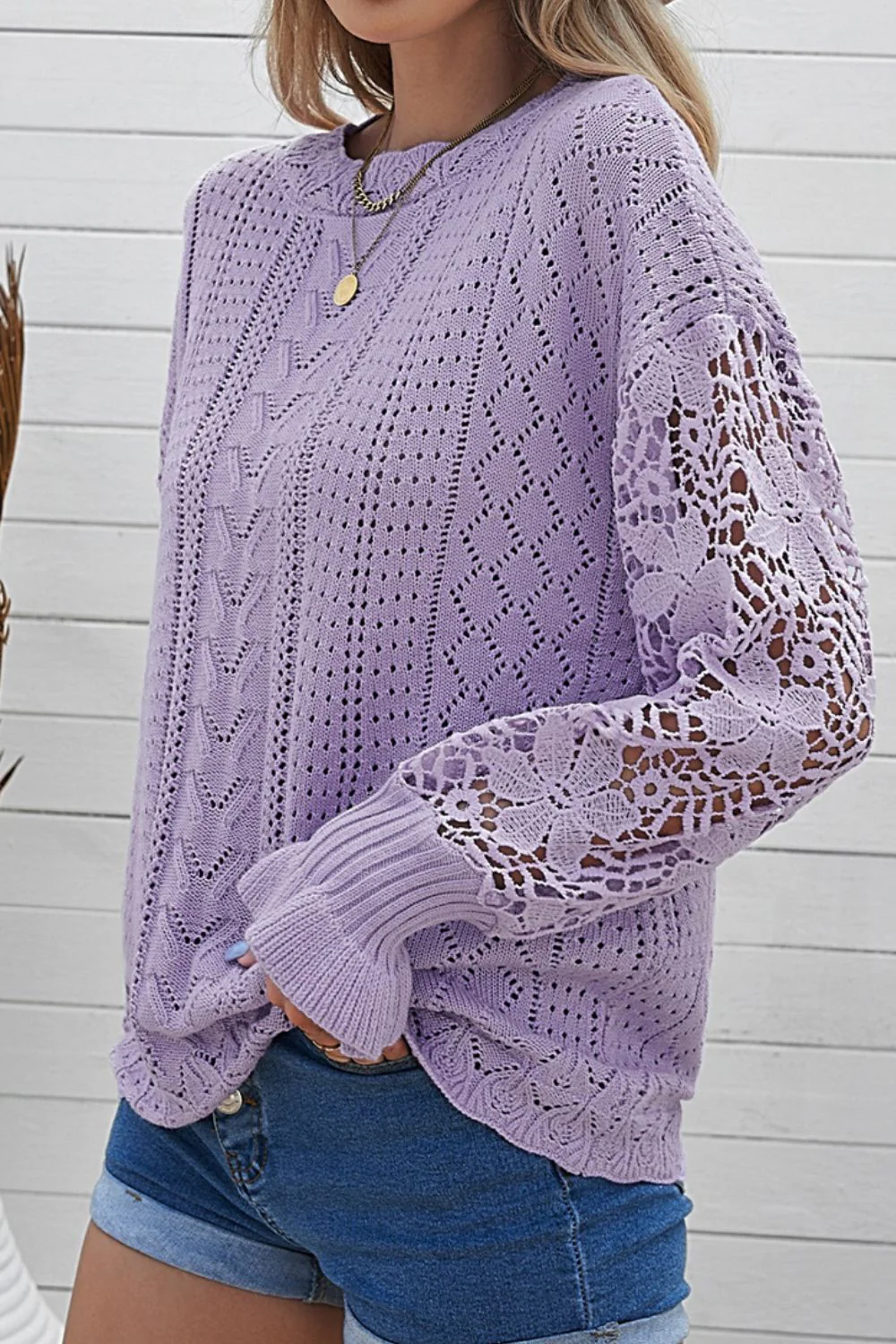 Openwork Round Neck Long Sleeve Sweater - Image 14