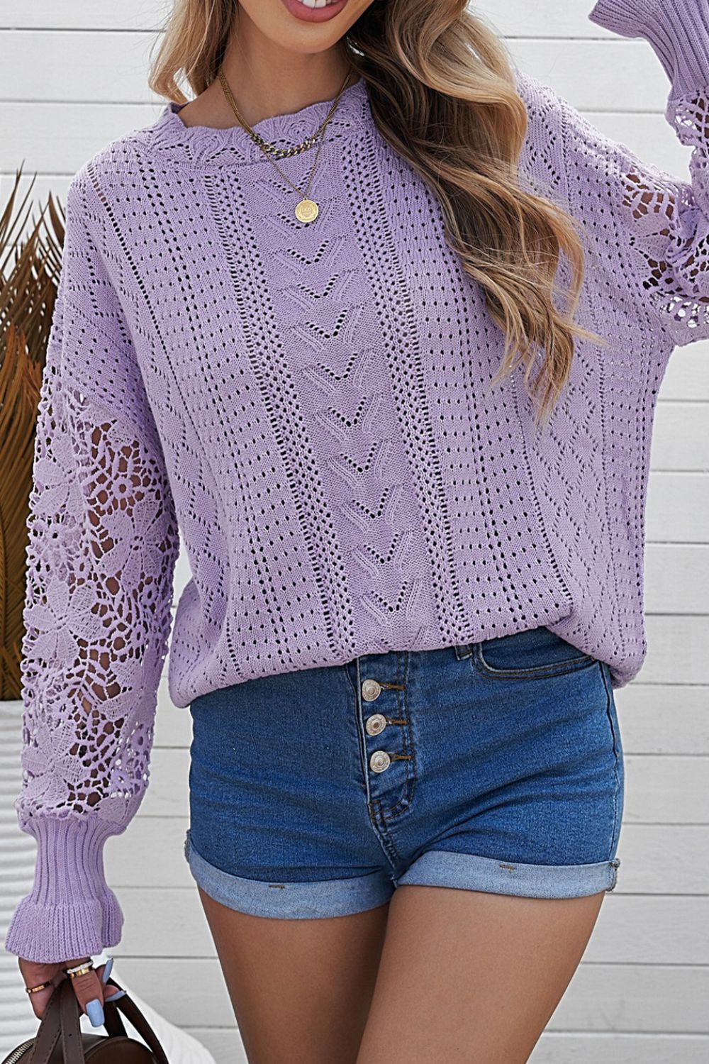 Openwork Round Neck Long Sleeve Sweater - Image 15