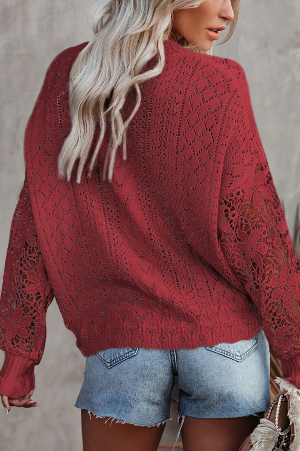 Openwork Round Neck Long Sleeve Sweater - Image 19