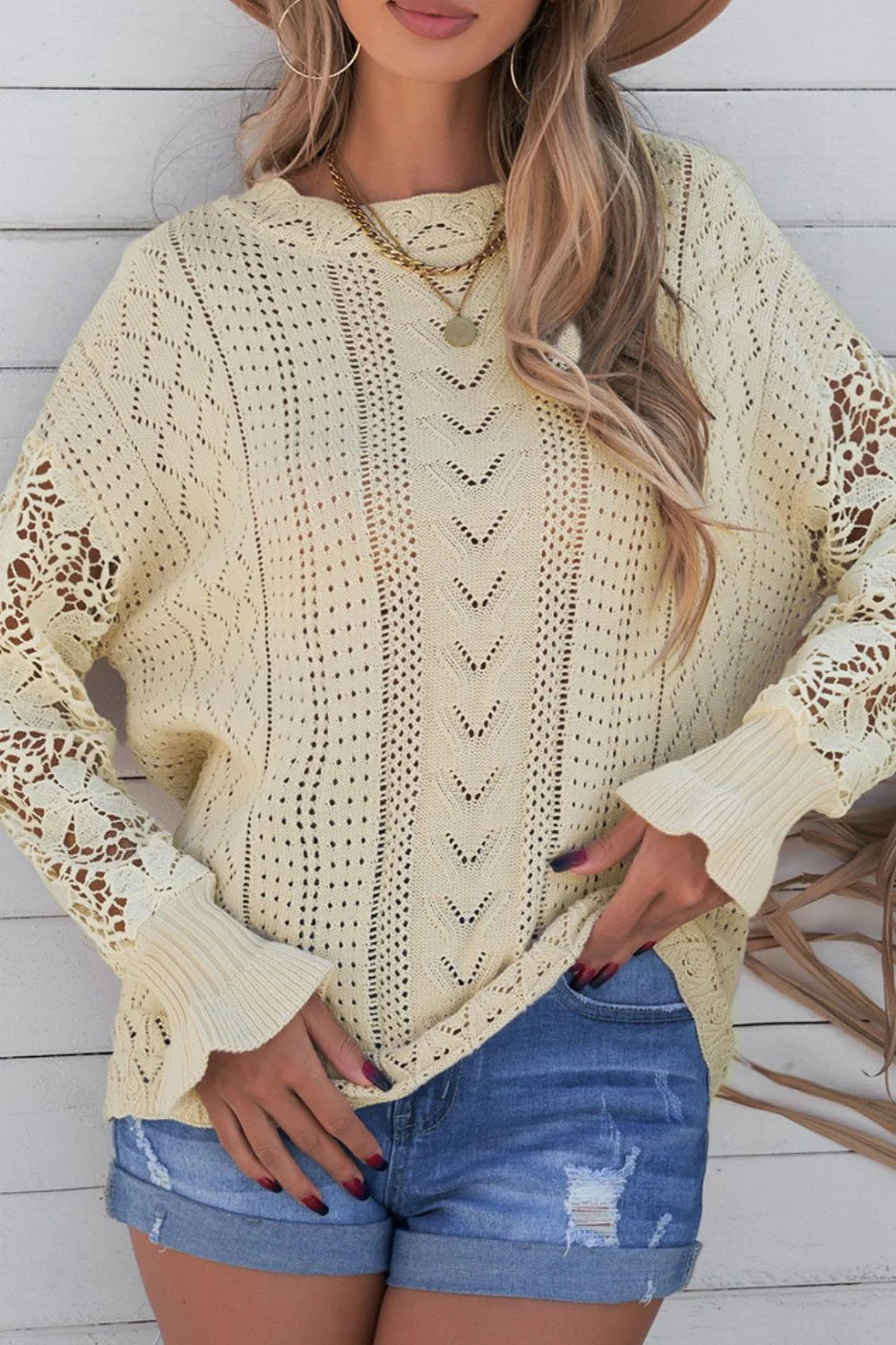 Openwork Round Neck Long Sleeve Sweater - Image 2