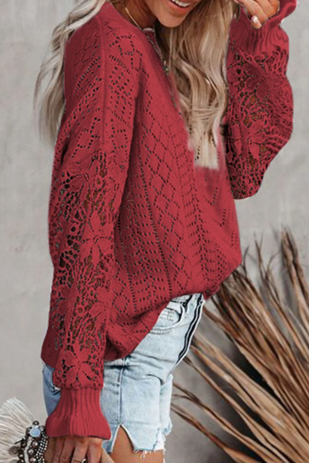 Openwork Round Neck Long Sleeve Sweater - Image 20