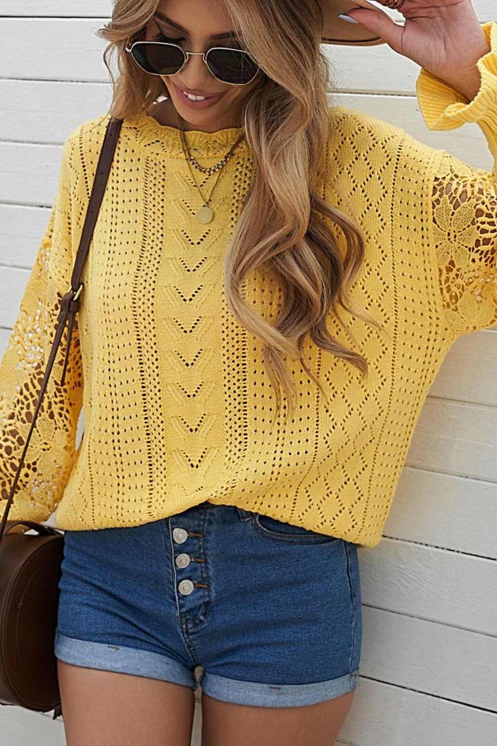 Openwork Round Neck Long Sleeve Sweater - Image 21