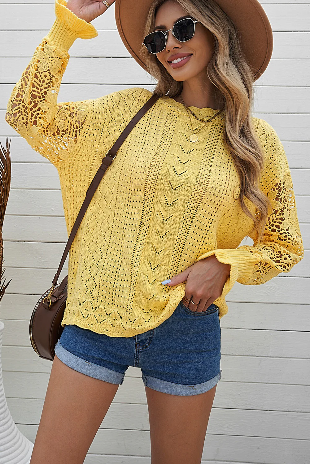 Openwork Round Neck Long Sleeve Sweater - Image 23