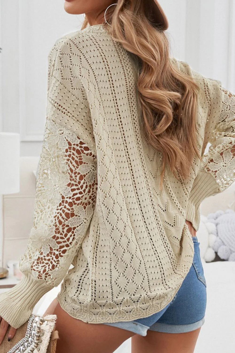 Openwork Round Neck Long Sleeve Sweater - Image 3
