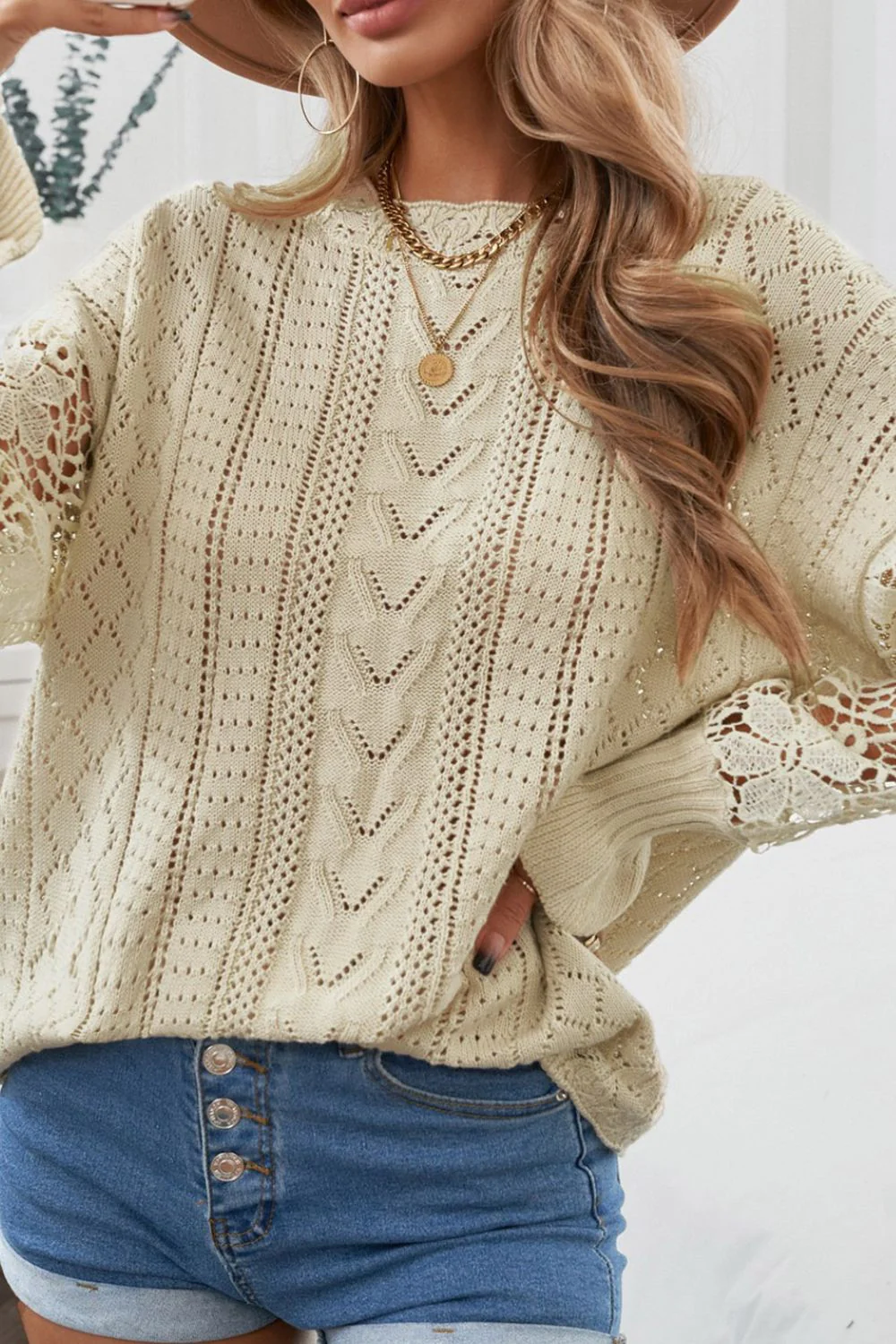 Openwork Round Neck Long Sleeve Sweater - Image 4