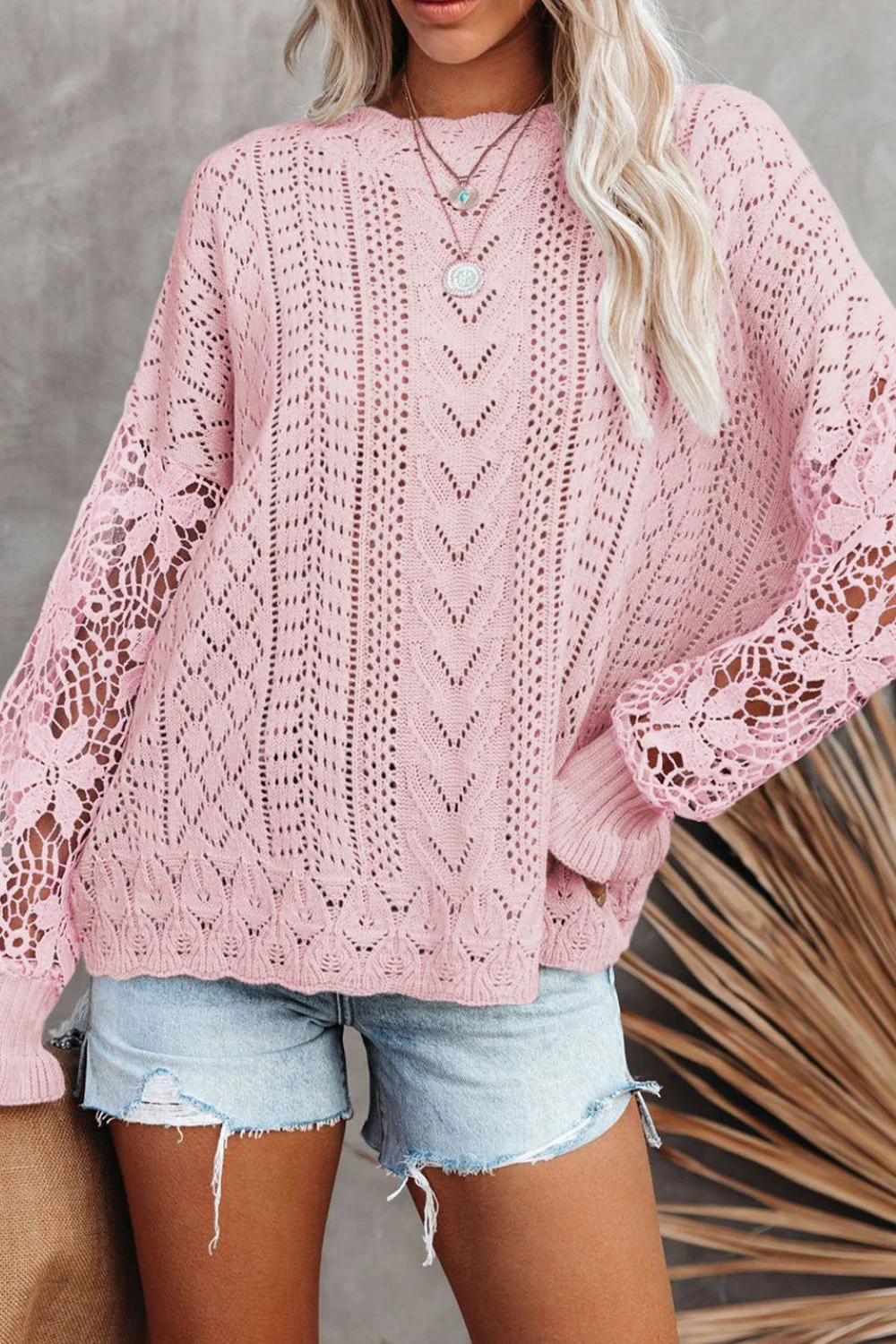 Openwork Round Neck Long Sleeve Sweater - Image 7