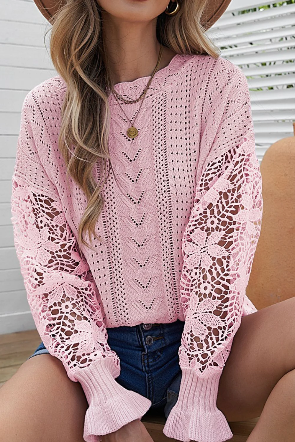 Openwork Round Neck Long Sleeve Sweater - Image 8