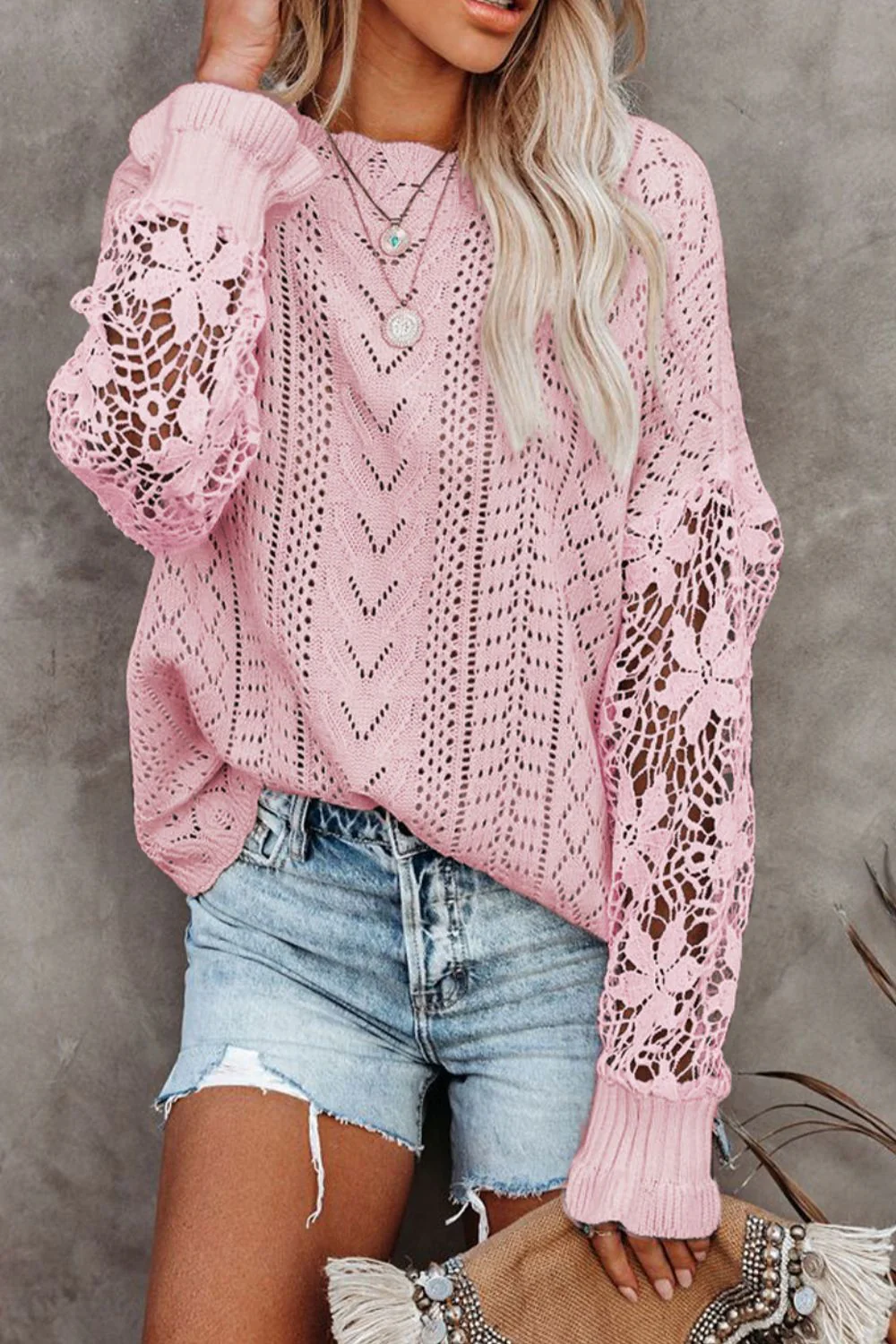 Openwork Round Neck Long Sleeve Sweater - Image 9