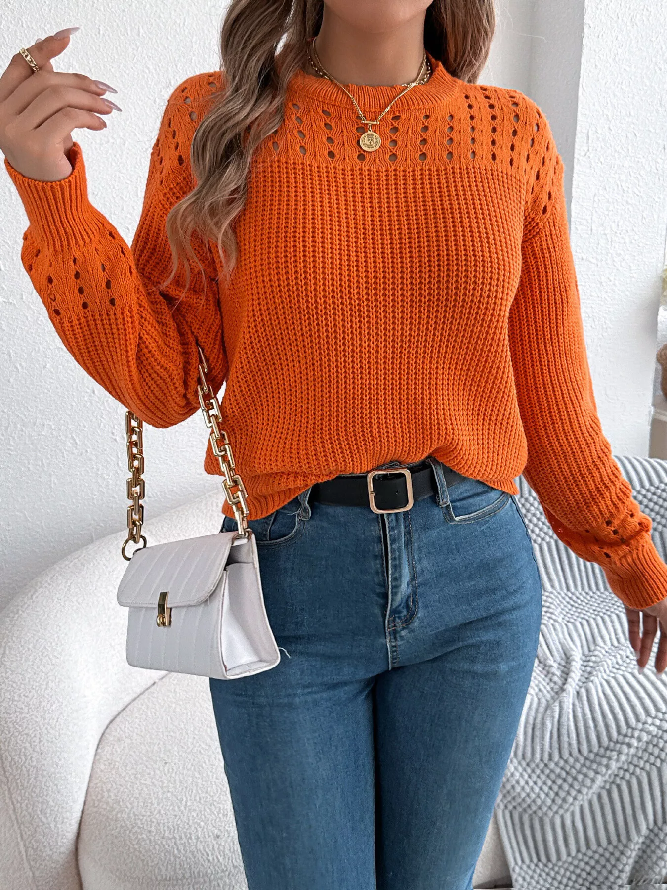 Openwork Round Neck Long Sleeve Sweater - Image 10