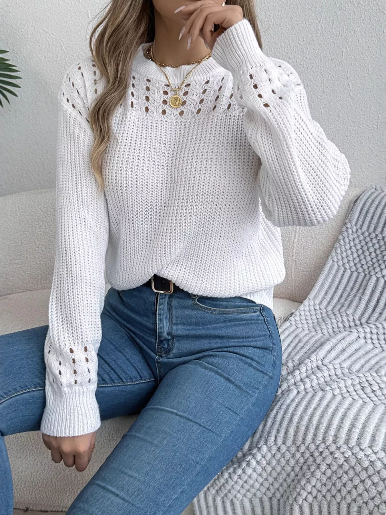 Openwork Round Neck Long Sleeve Sweater - Image 11