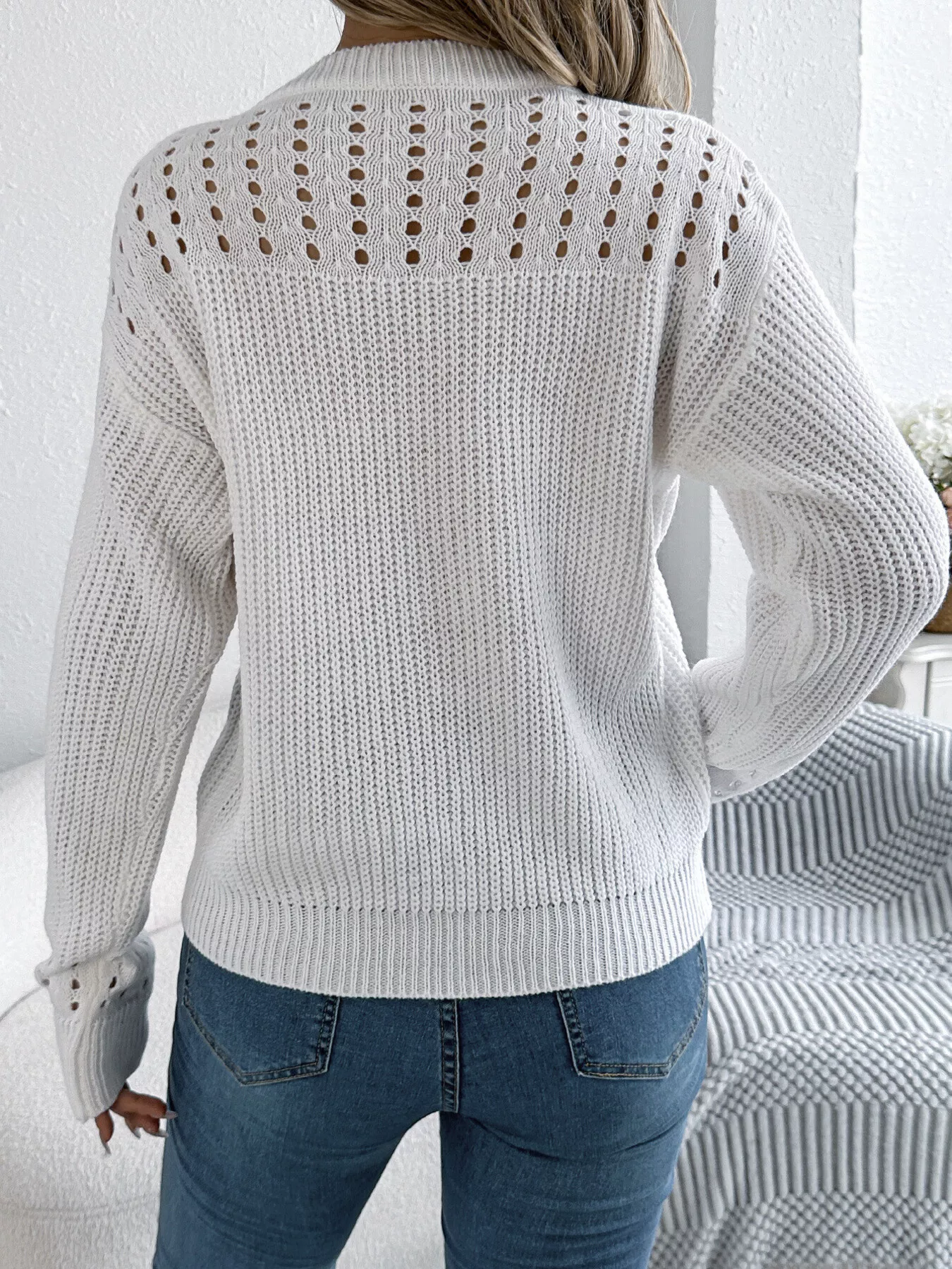 Openwork Round Neck Long Sleeve Sweater - Image 14