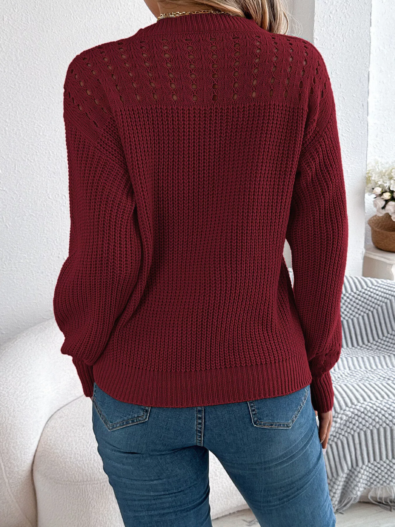 Openwork Round Neck Long Sleeve Sweater - Image 2