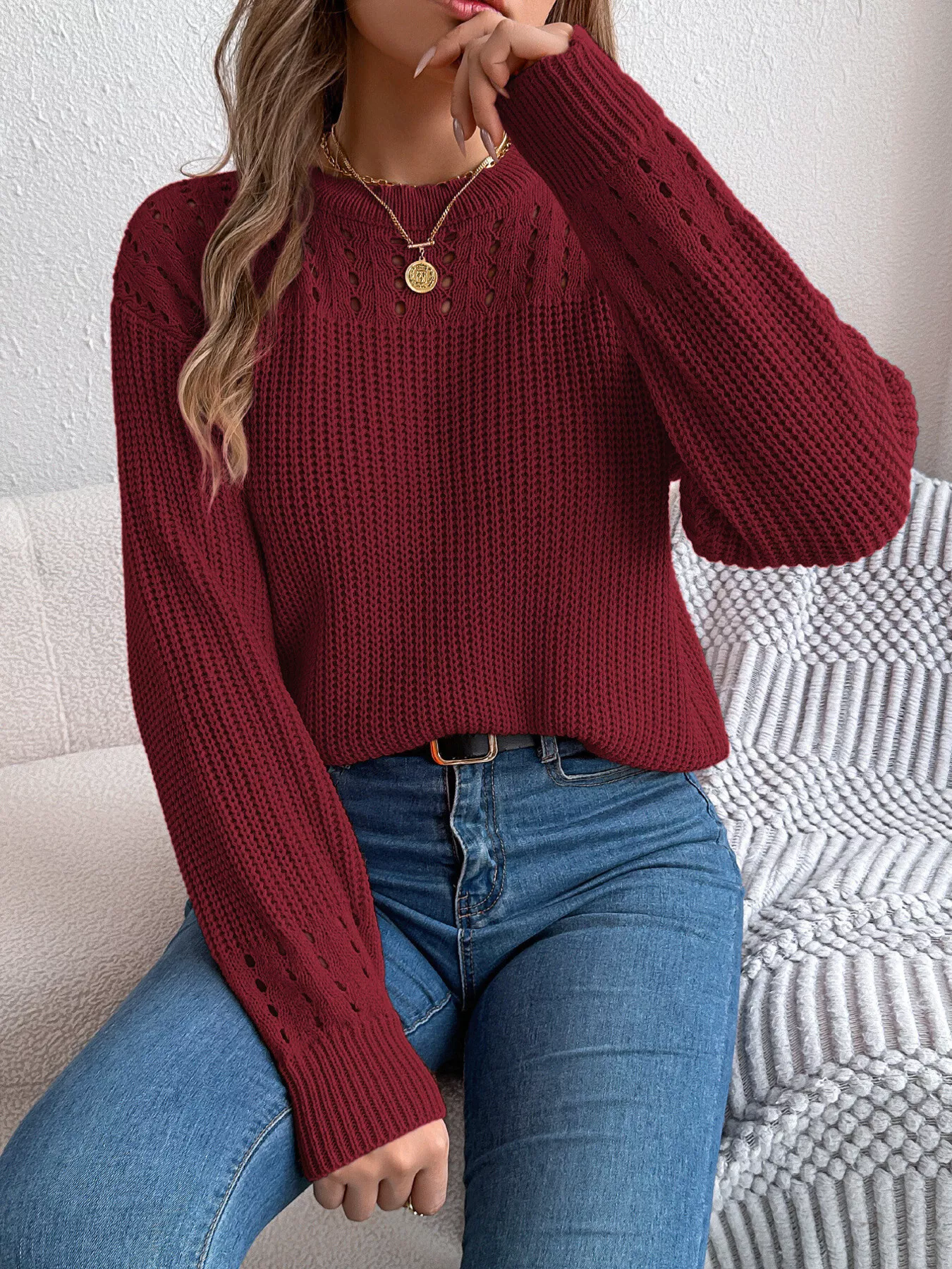 Openwork Round Neck Long Sleeve Sweater - Image 4