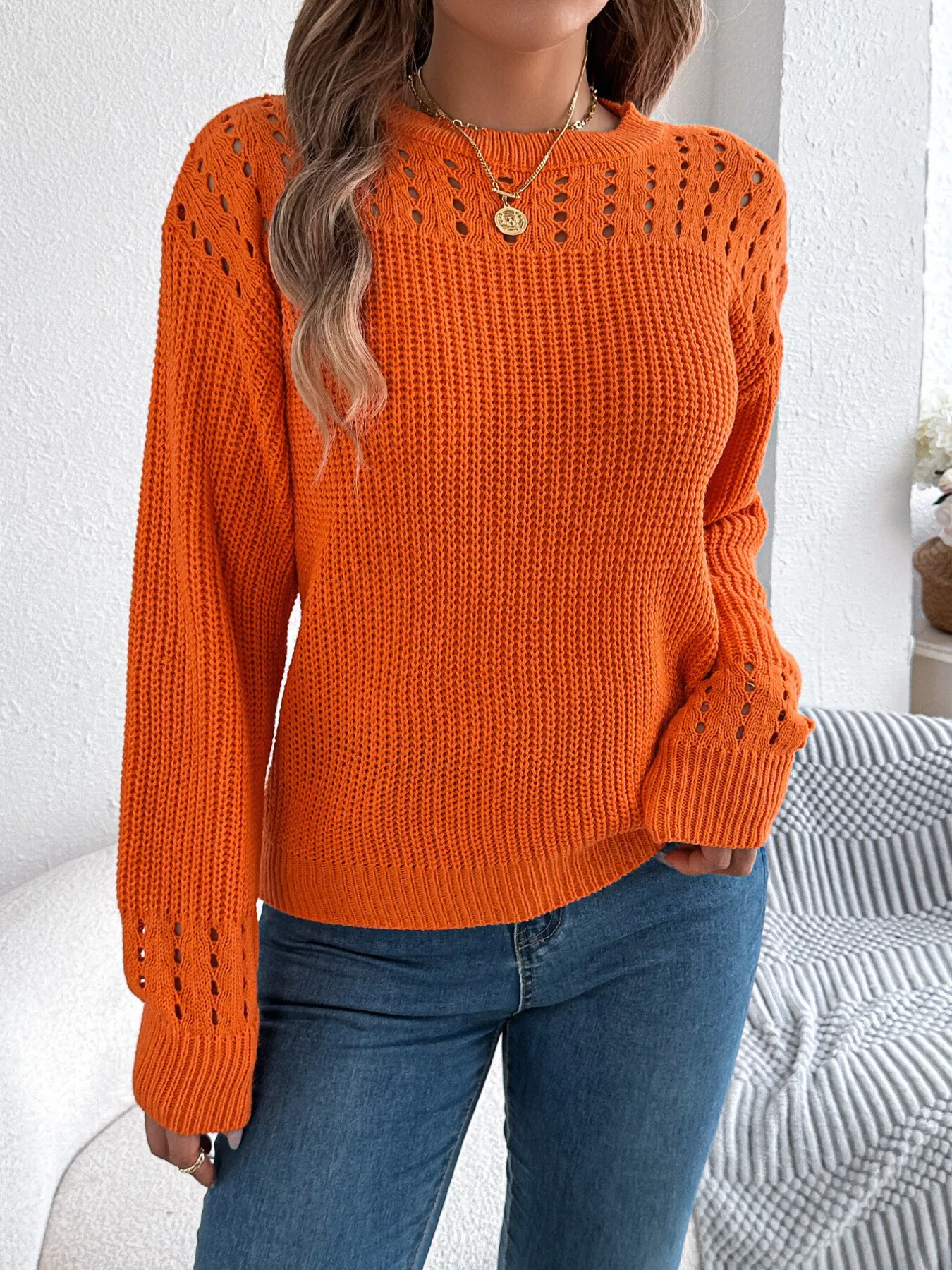 Openwork Round Neck Long Sleeve Sweater - Image 6
