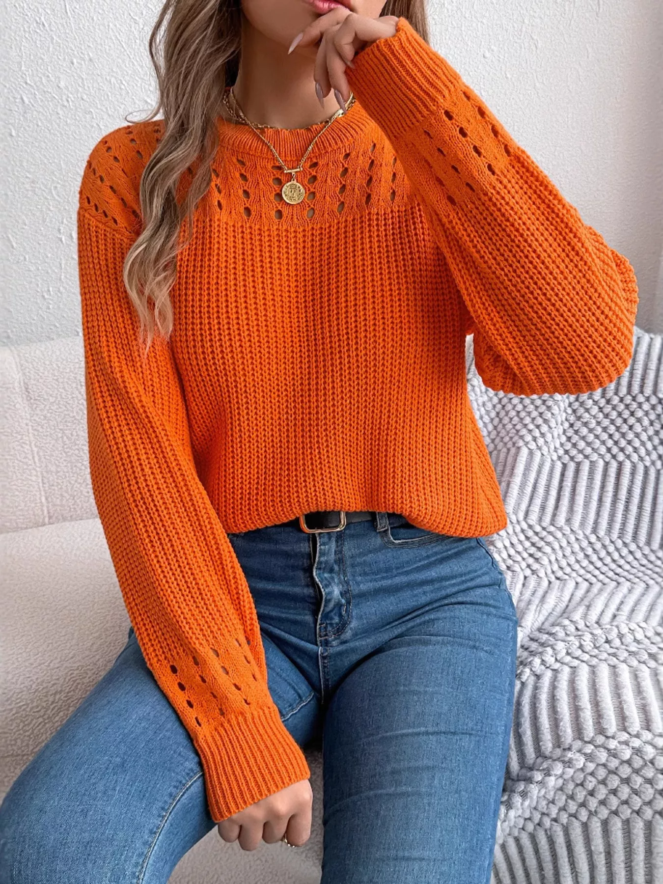 Openwork Round Neck Long Sleeve Sweater - Image 8