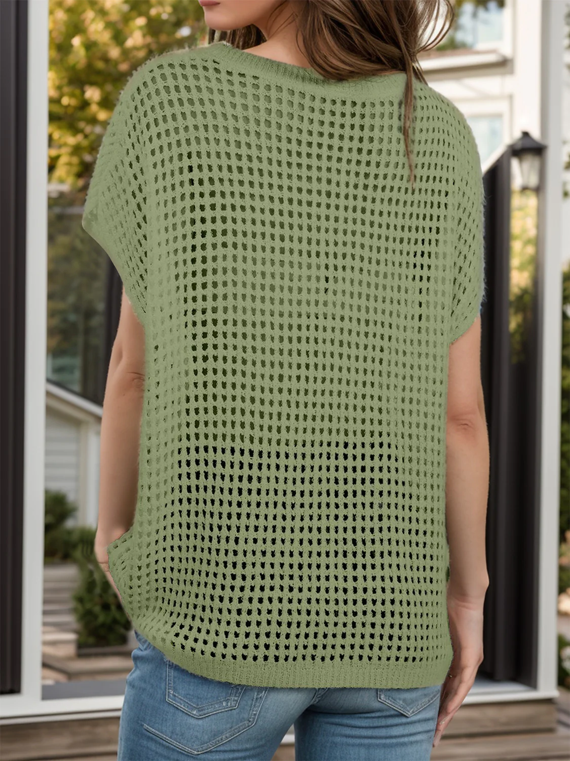 Openwork Round Neck Short Sleeve Cover-Up - Image 2
