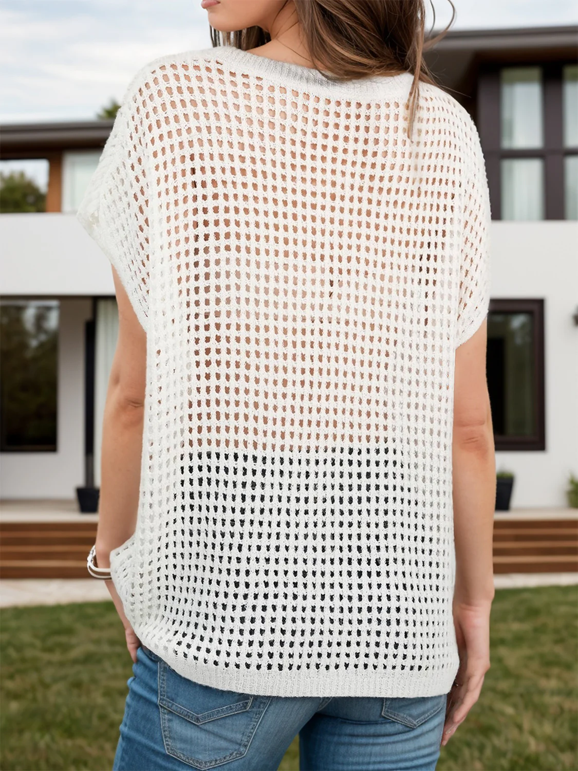 Openwork Round Neck Short Sleeve Cover-Up - Image 5
