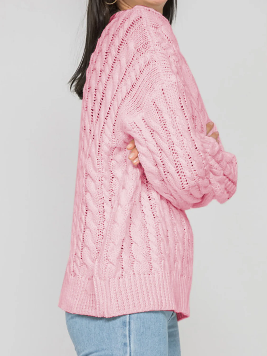 Openwork Round Sleeve Cable-Knit Sweater - Image 10