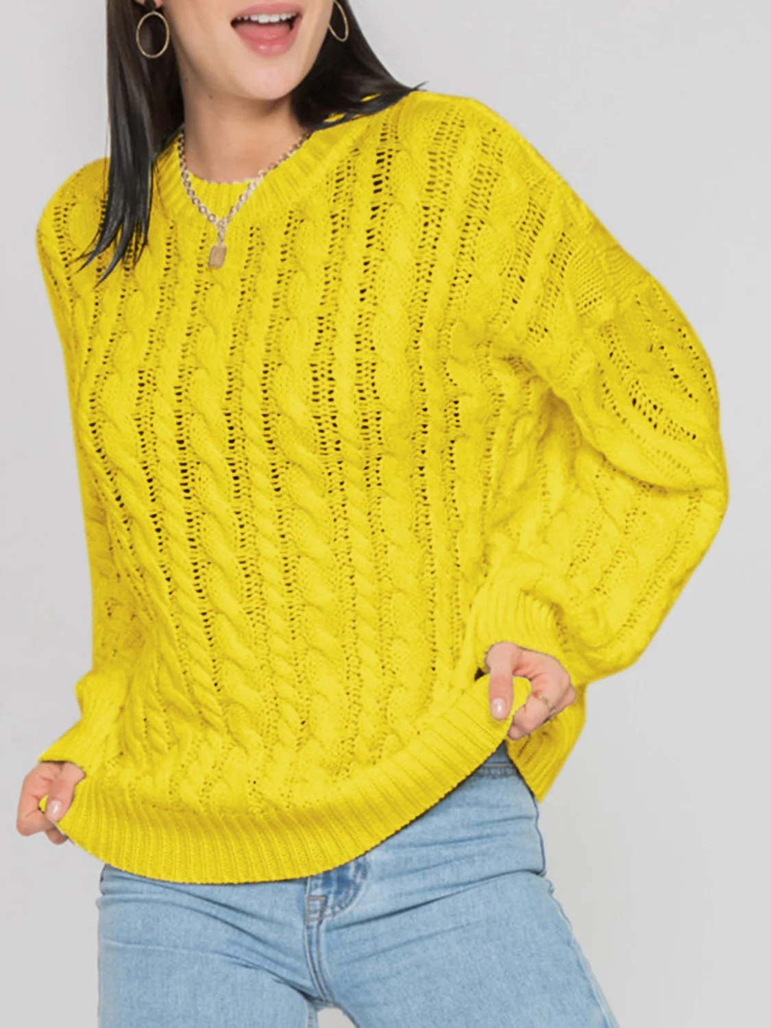 Openwork Round Sleeve Cable-Knit Sweater - Image 11