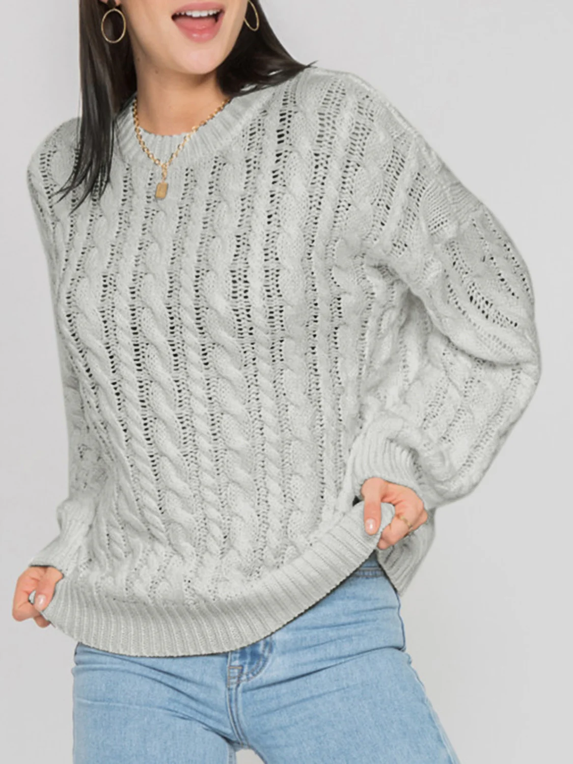 Openwork Round Sleeve Cable-Knit Sweater - Image 15
