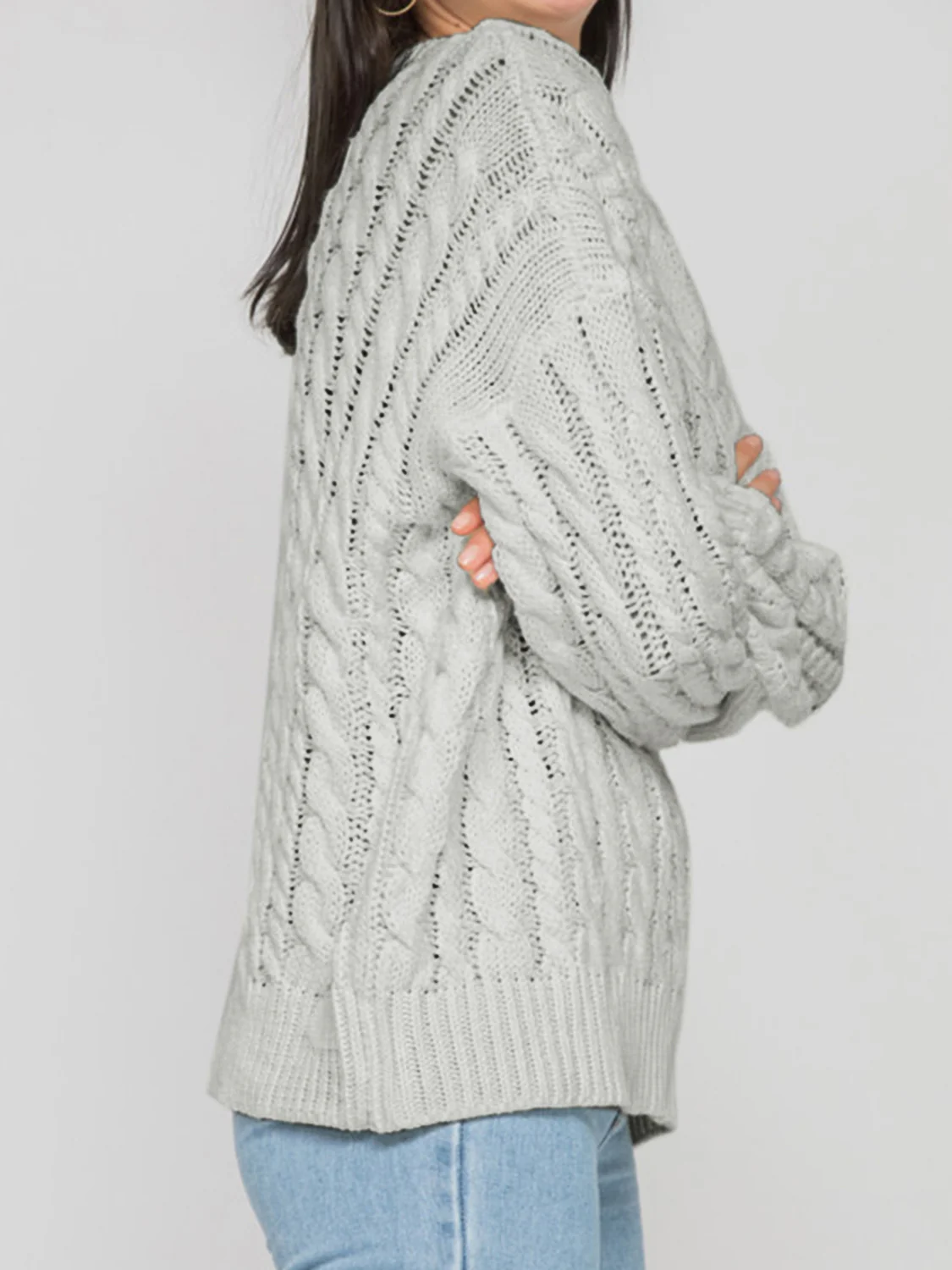 Openwork Round Sleeve Cable-Knit Sweater - Image 16