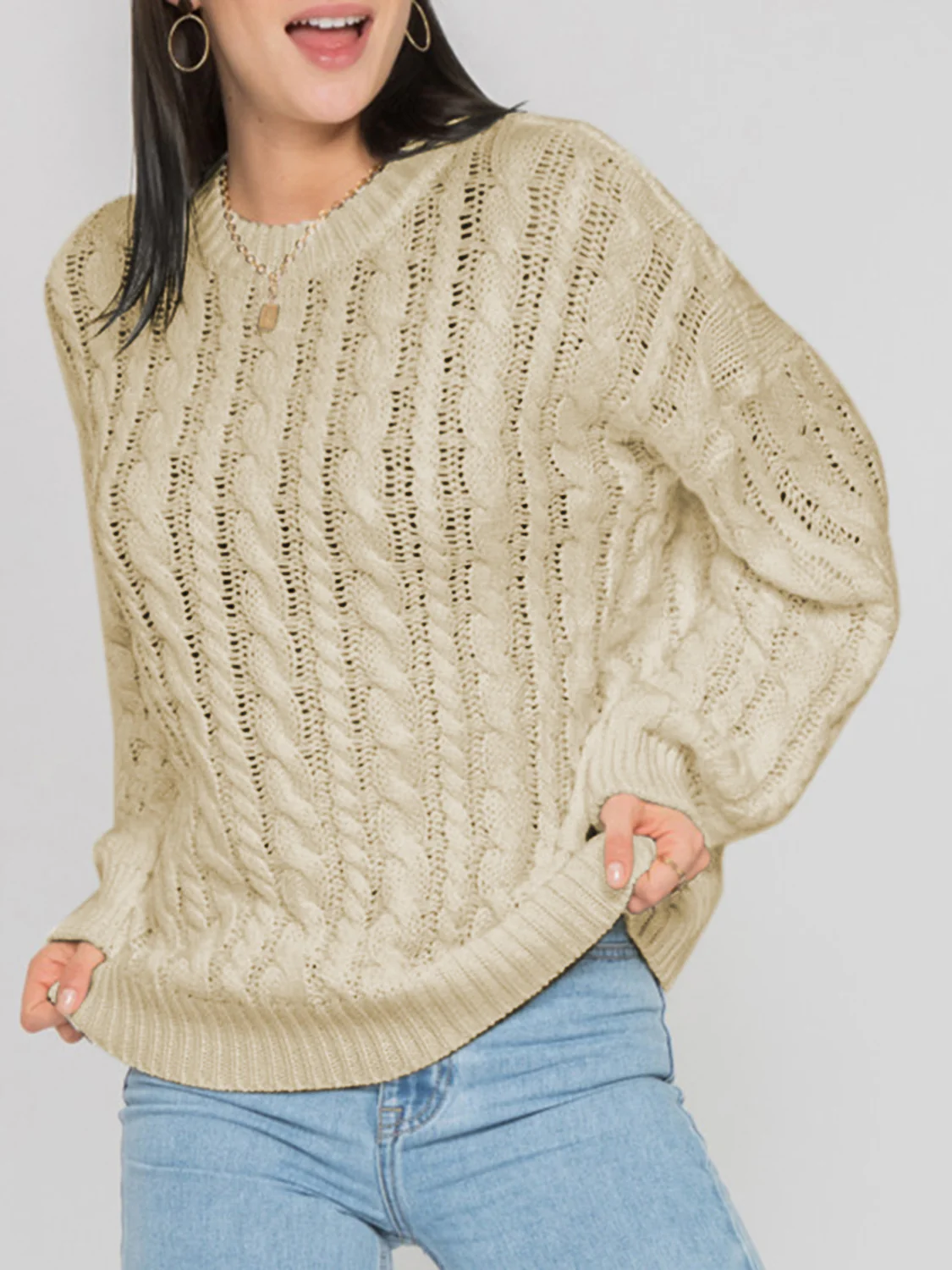Openwork Round Sleeve Cable-Knit Sweater - Image 18