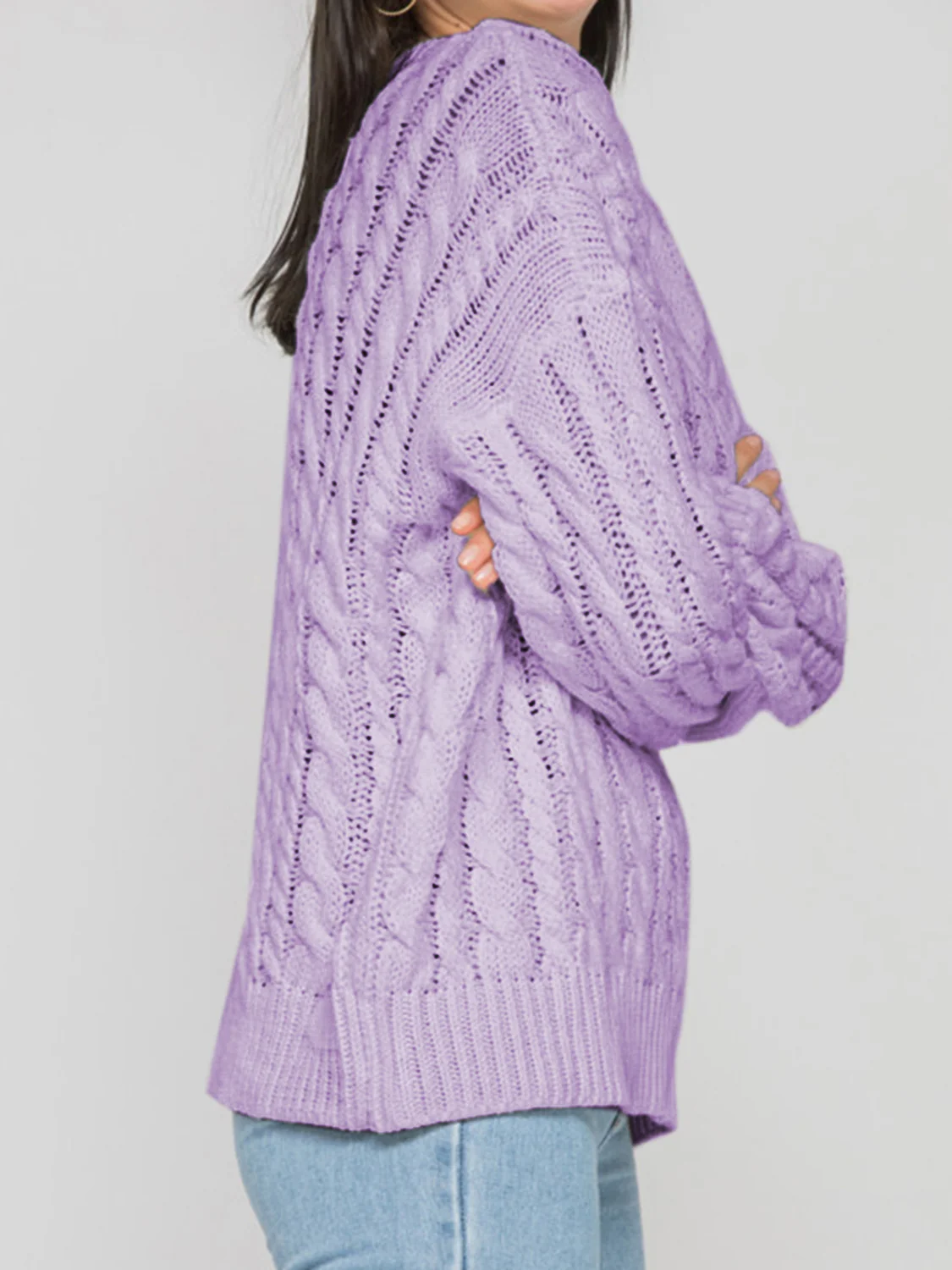Openwork Round Sleeve Cable-Knit Sweater - Image 2