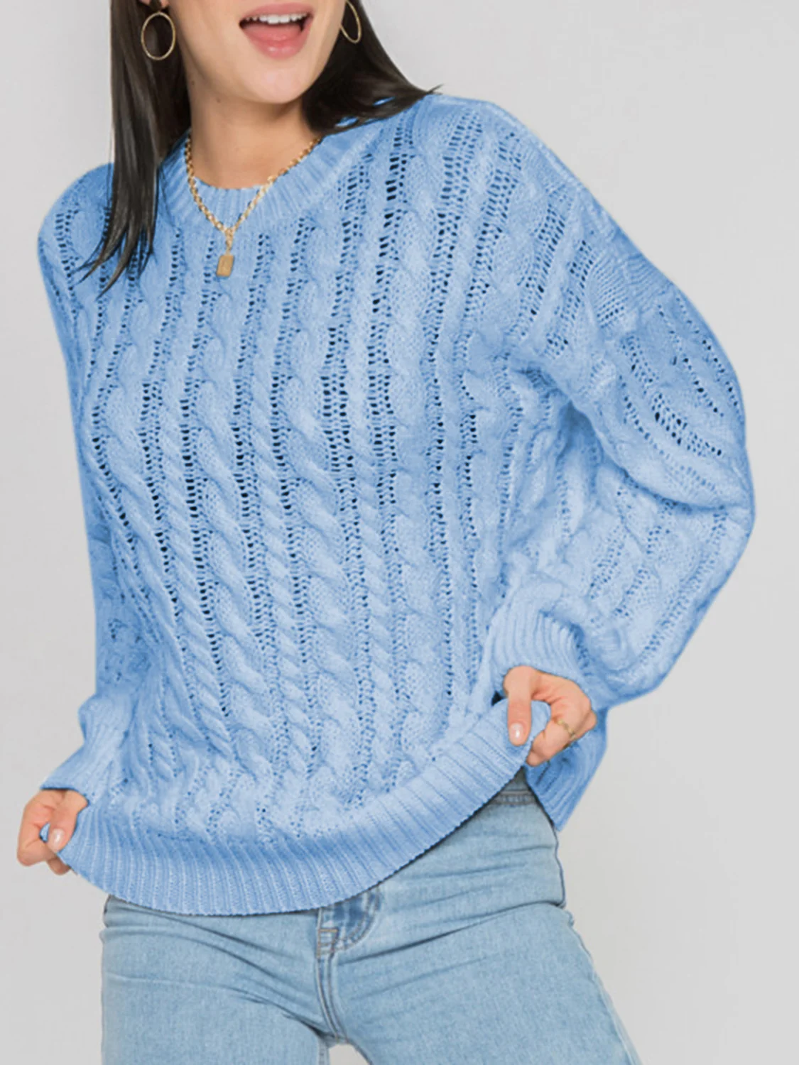 Openwork Round Sleeve Cable-Knit Sweater - Image 21