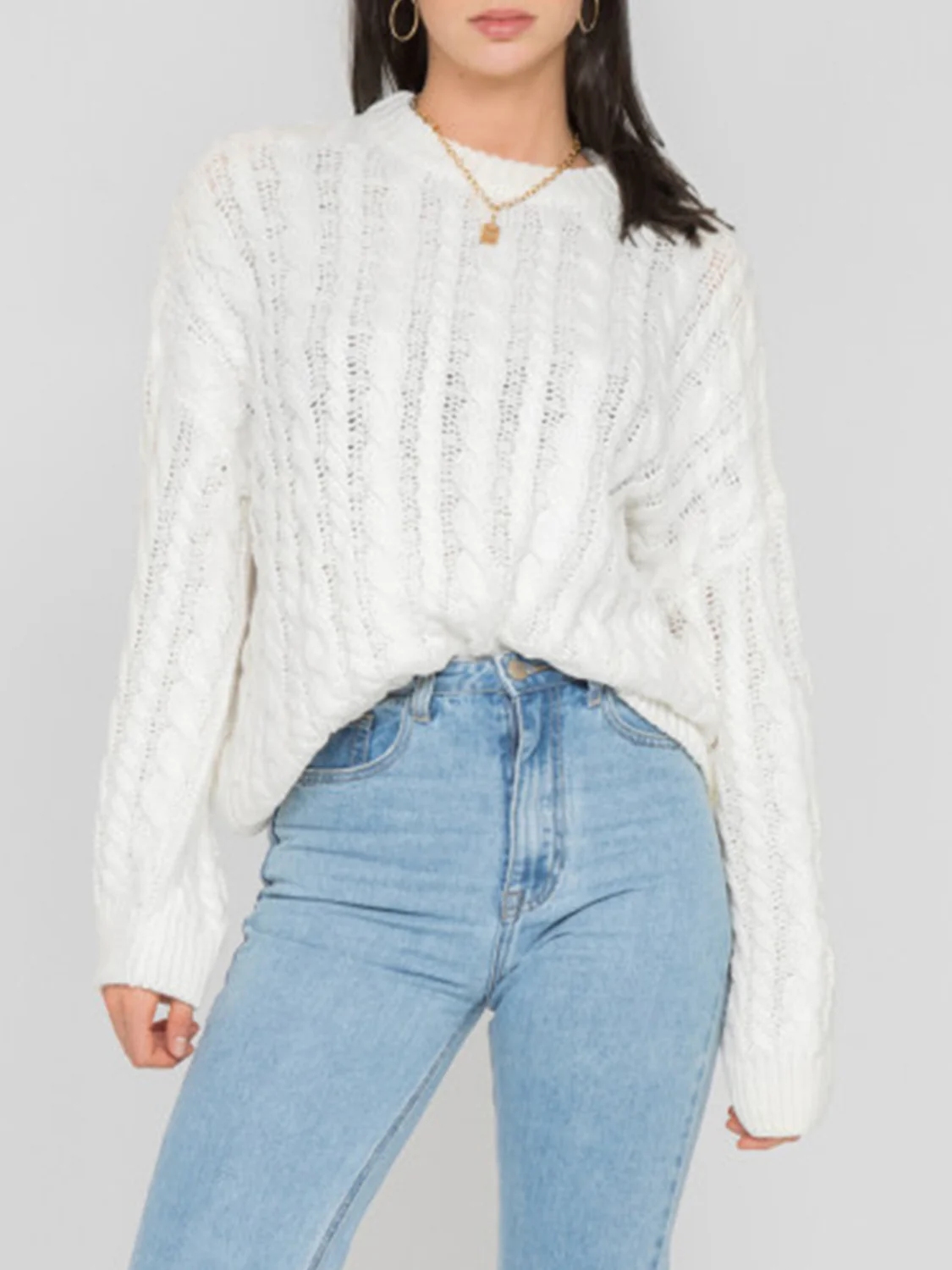 Openwork Round Sleeve Cable-Knit Sweater - Image 4