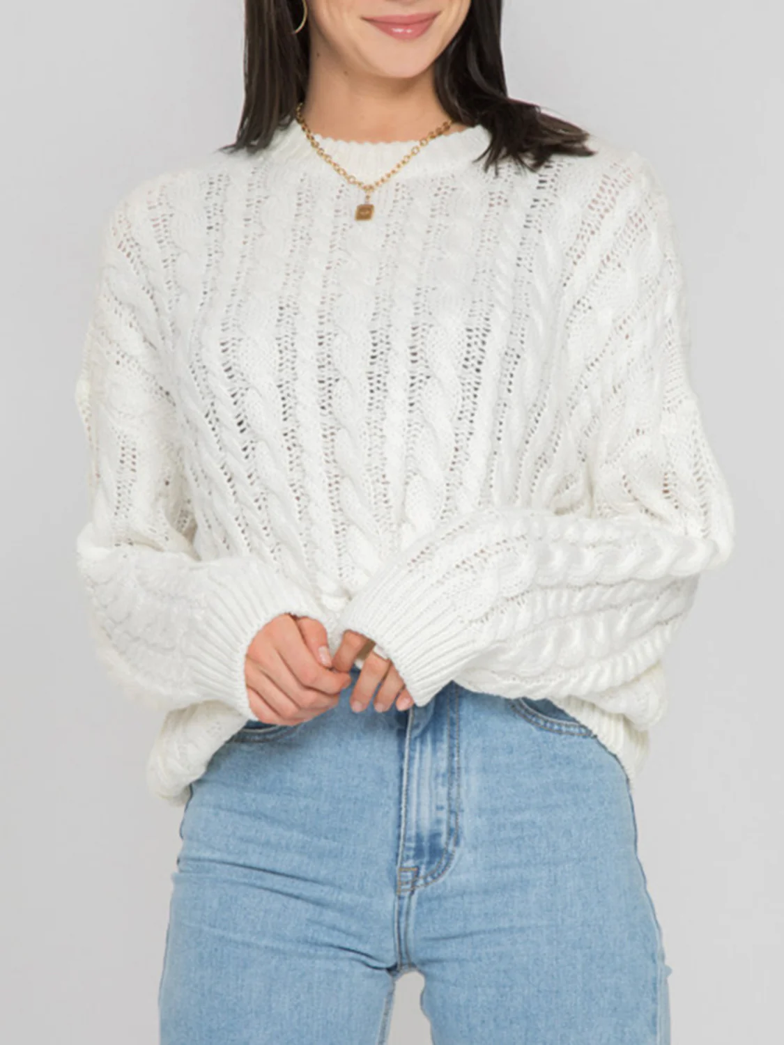 Openwork Round Sleeve Cable-Knit Sweater - Image 5