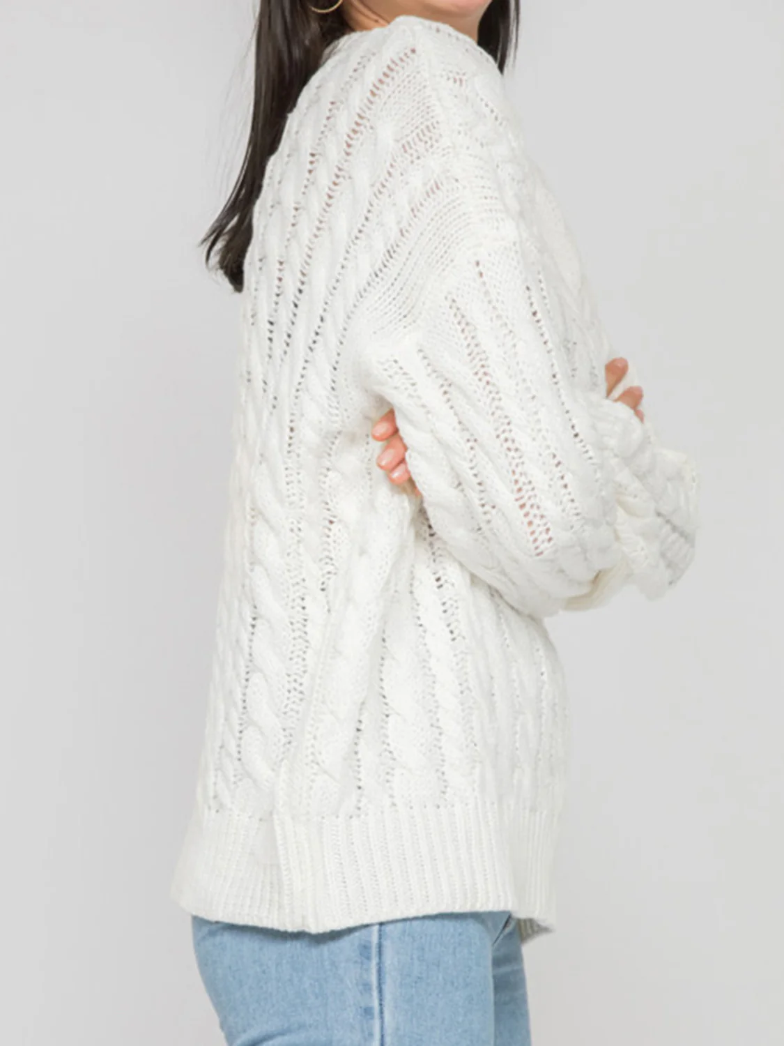 Openwork Round Sleeve Cable-Knit Sweater - Image 7