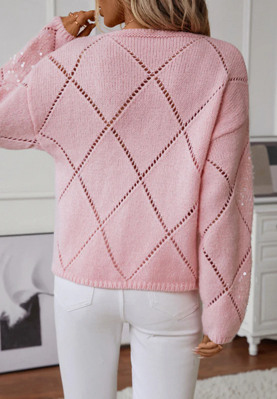 Openwork Sequin Round Neck Long Sleeve Sweater - Image 3
