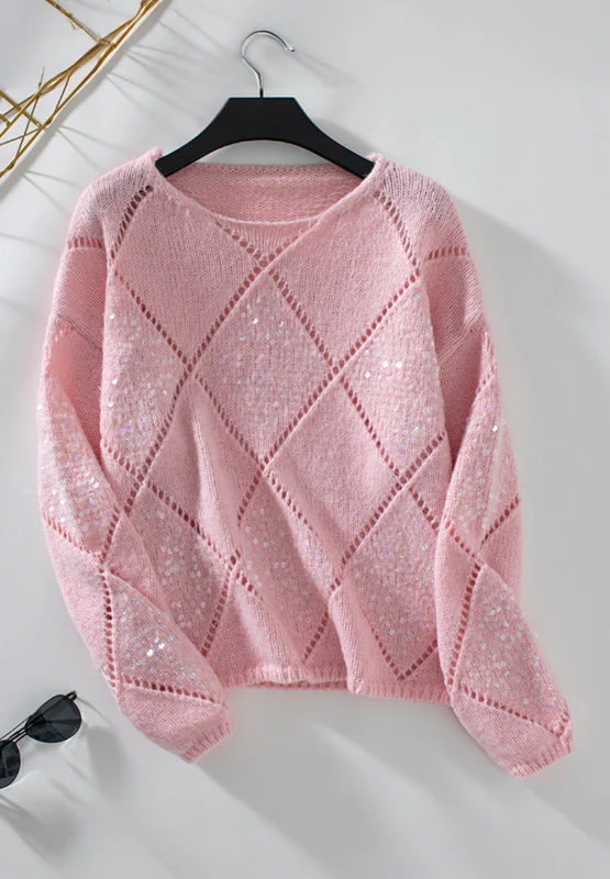 Openwork Sequin Round Neck Long Sleeve Sweater - Image 5