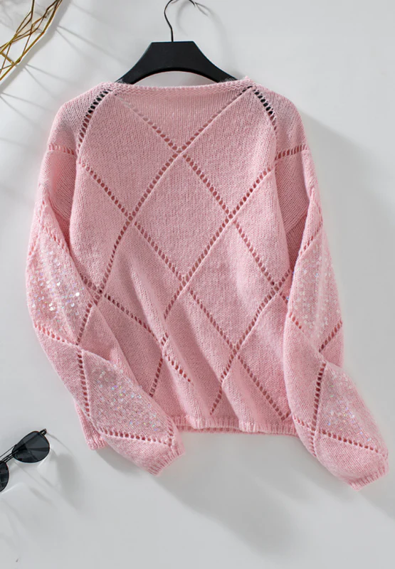 Openwork Sequin Round Neck Long Sleeve Sweater - Image 6