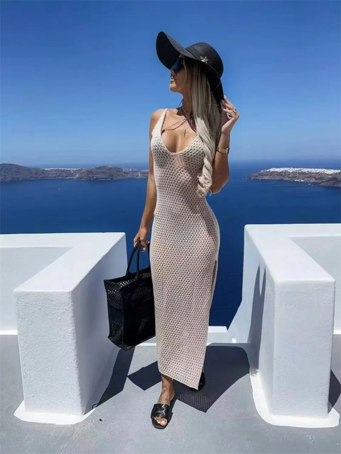 Openwork Slit Sweater Maxi Dress - Image 9