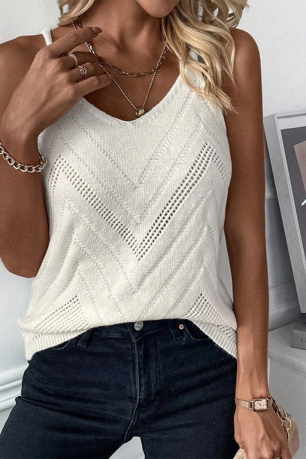 Openwork Spaghetti Strap Knit Vest - Image 3