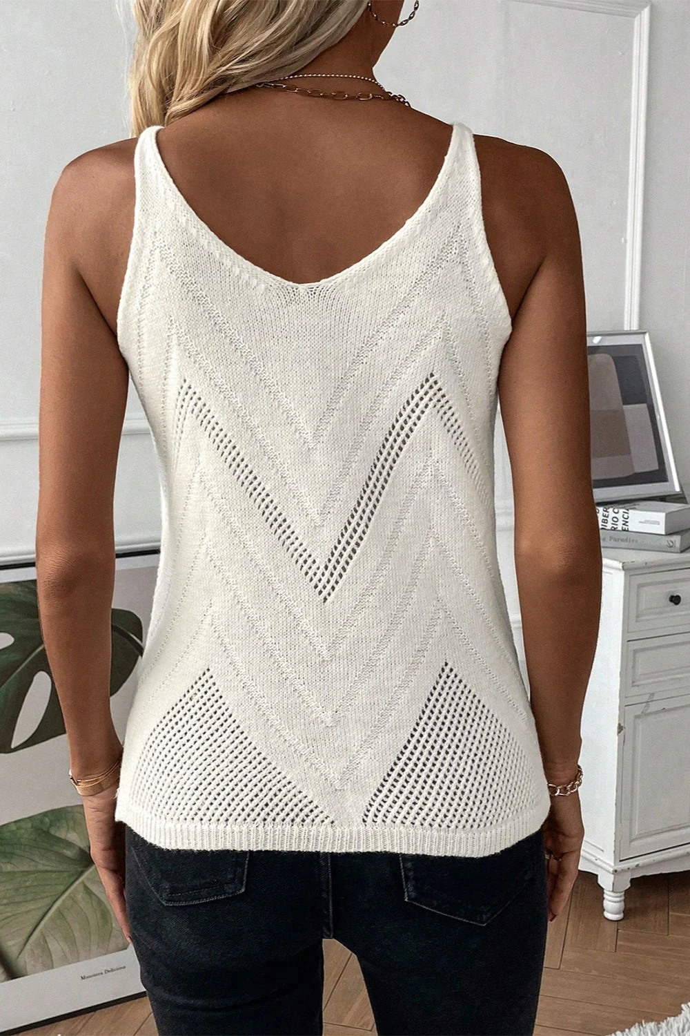 Openwork Spaghetti Strap Knit Vest - Image 4