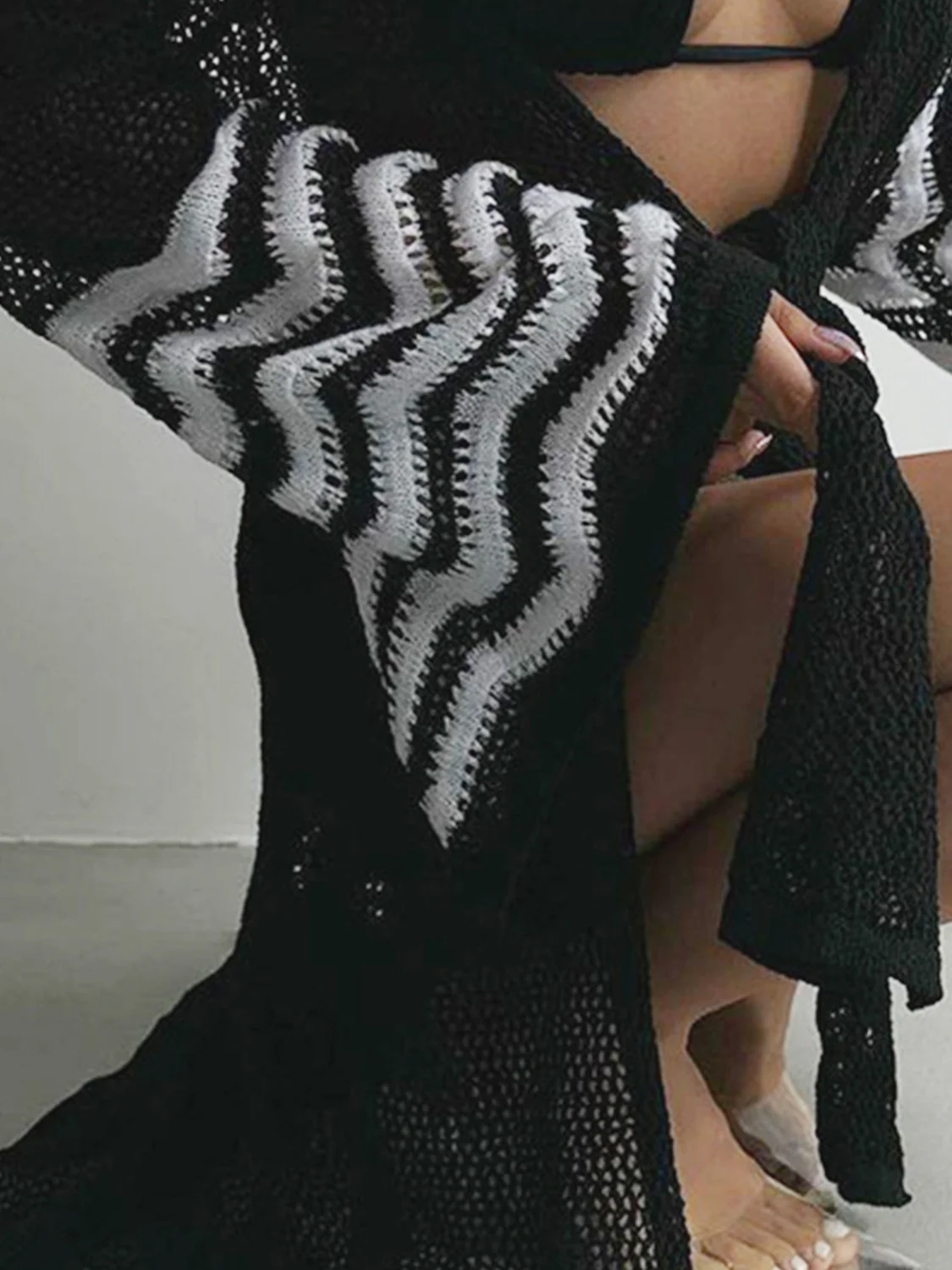 Openwork Striped Flare Sleeve Cover-Up - Image 3