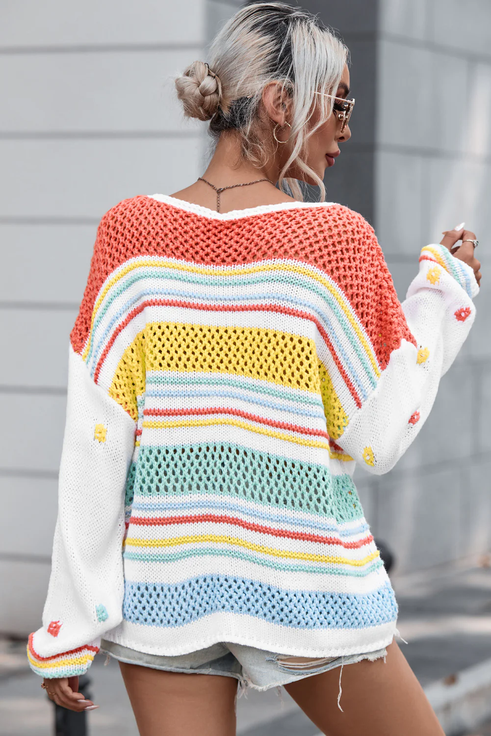 Openwork Striped Round Neck Long Sleeve Sweater - Image 2
