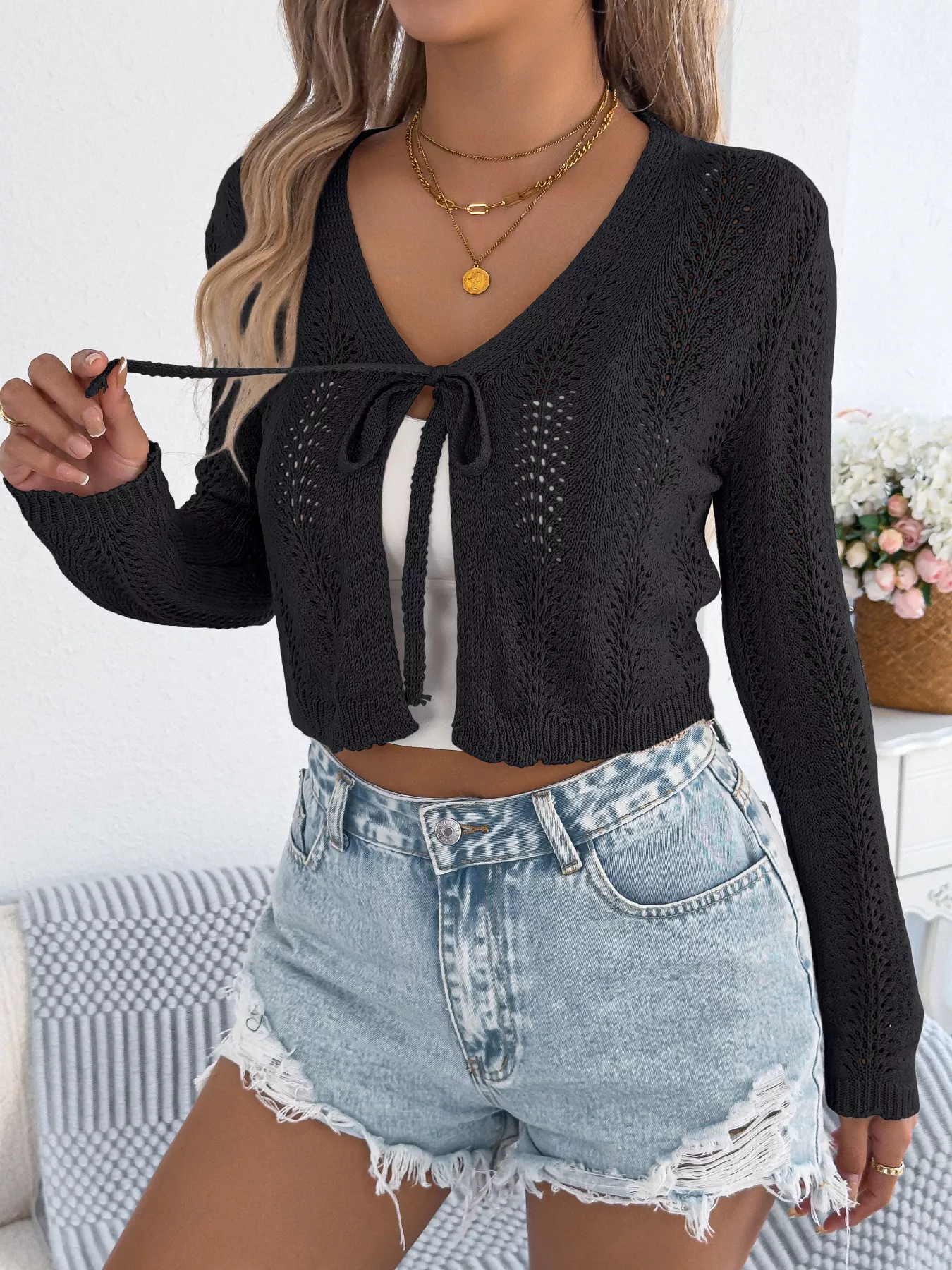 Openwork Tie Front Long Sleeve Cardigan - Image 3