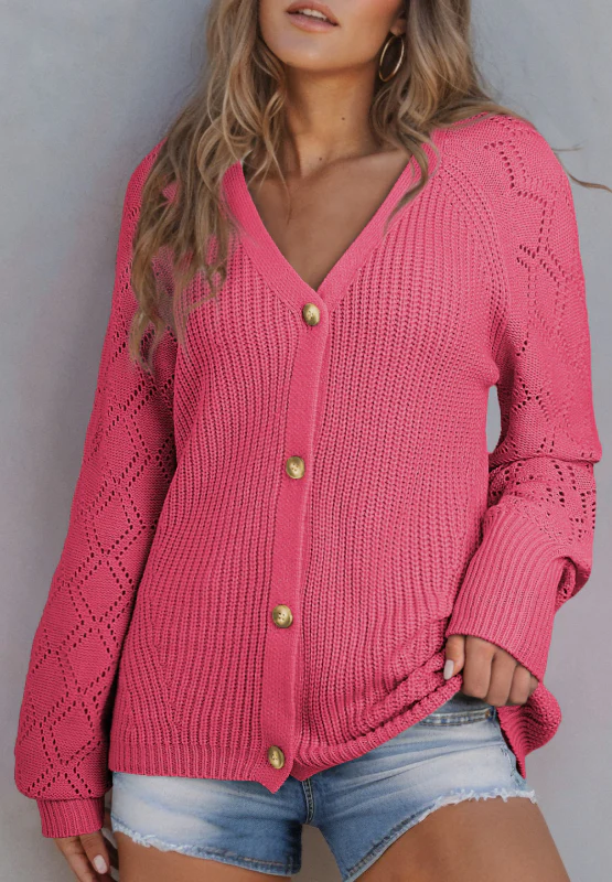 Openwork V-Neck Button Up Cardigan - Image 29