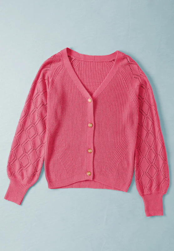 Openwork V-Neck Button Up Cardigan - Image 30