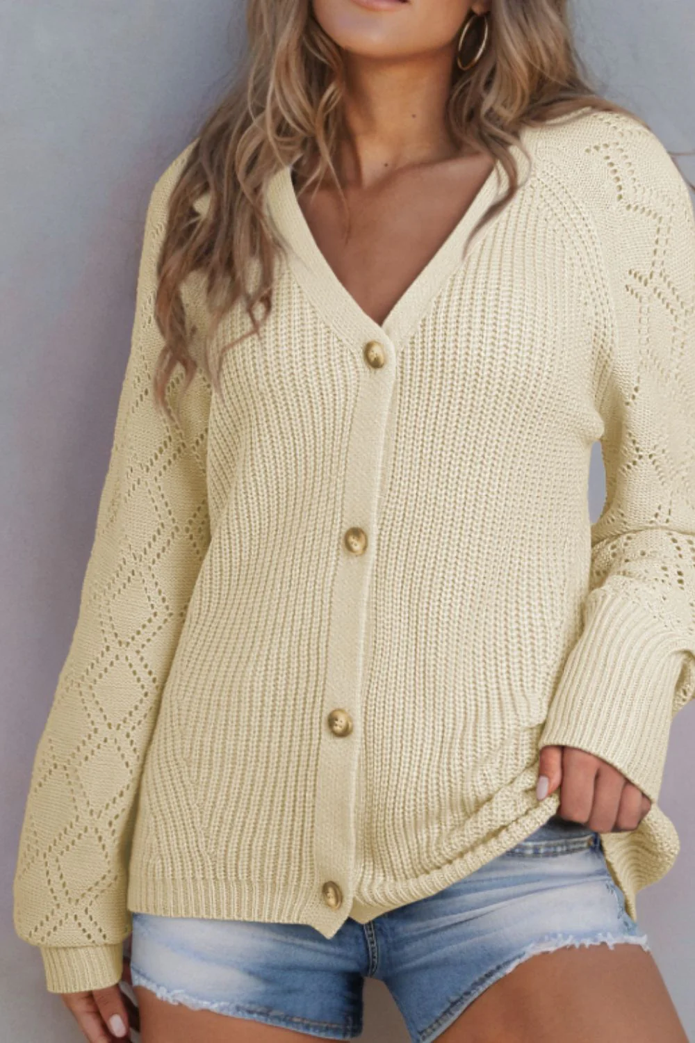 Openwork V-Neck Button Up Cardigan - Image 4