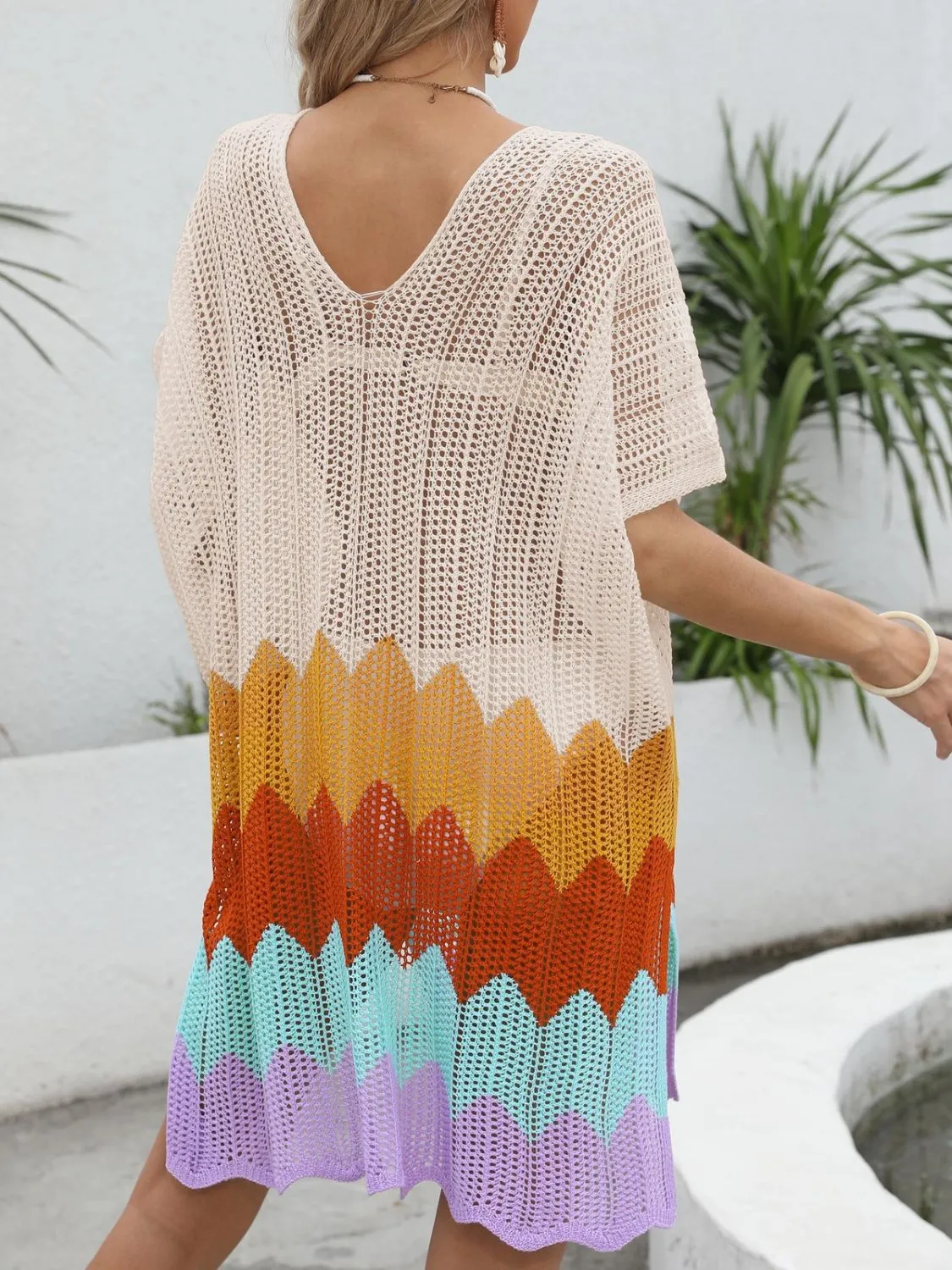Openwork V-Neck Half Sleeve Cover-Up - Image 4