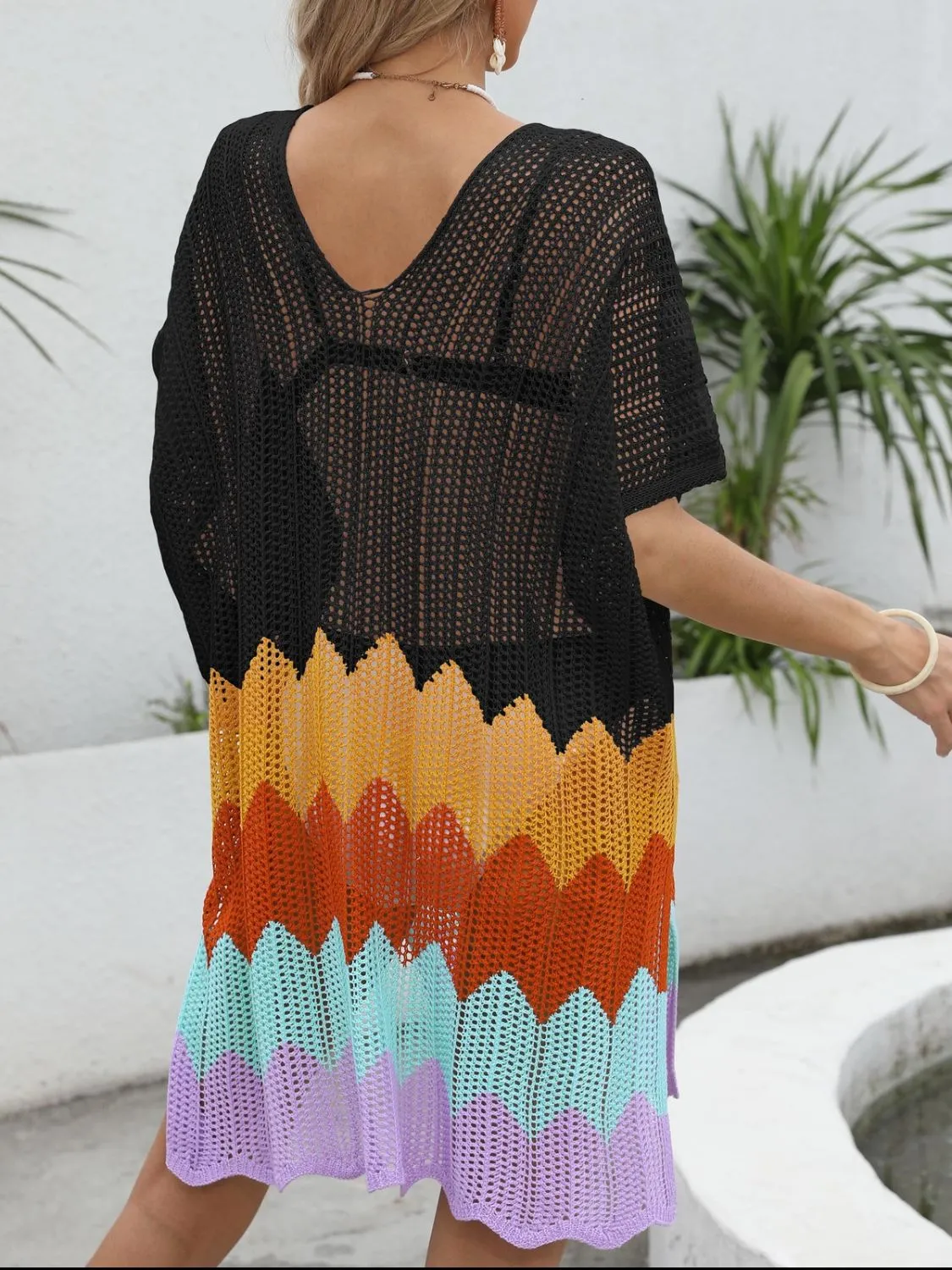 Openwork V-Neck Half Sleeve Cover-Up - Image 8