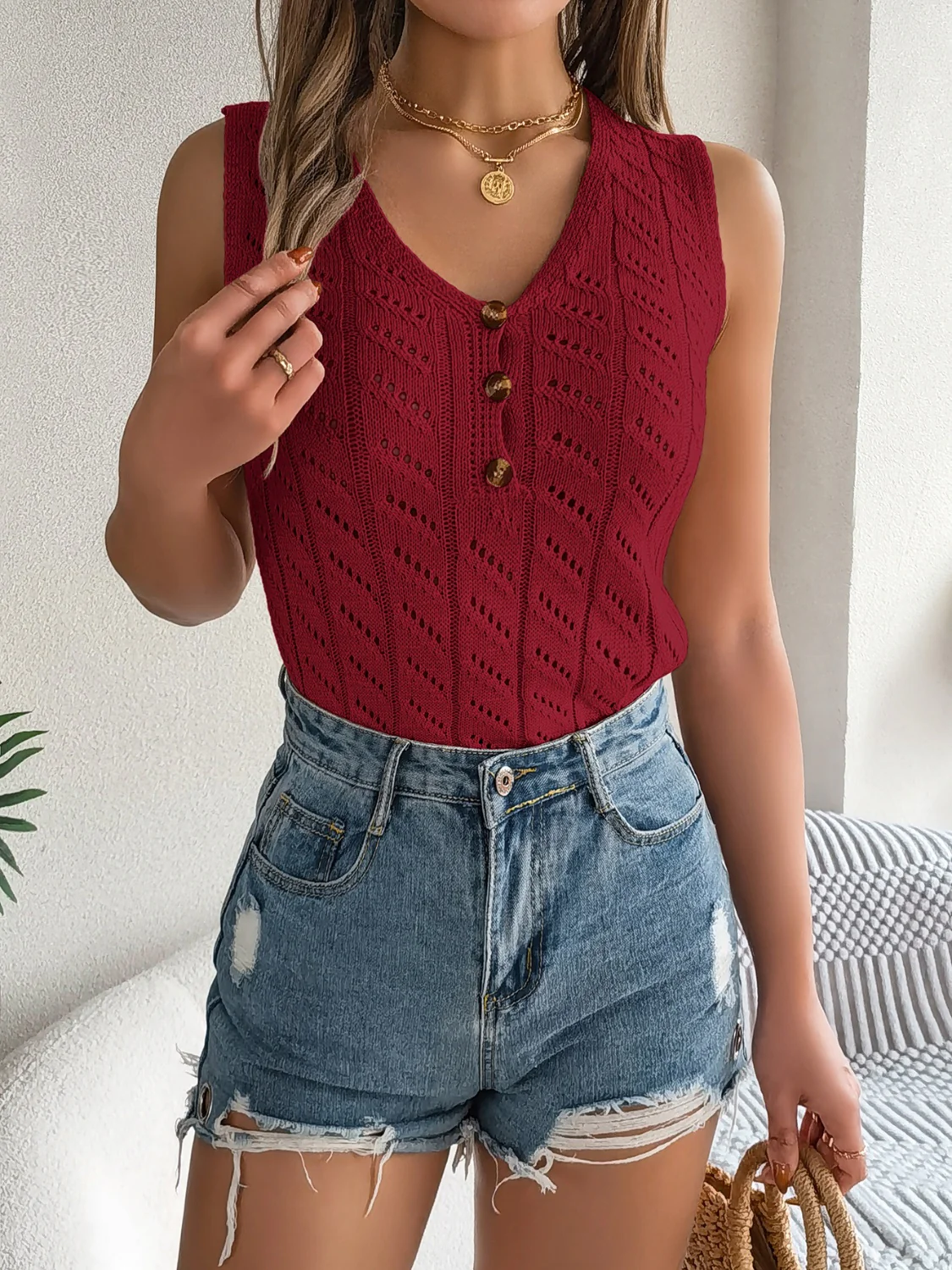Openwork V-Neck Knit Vest - Image 10