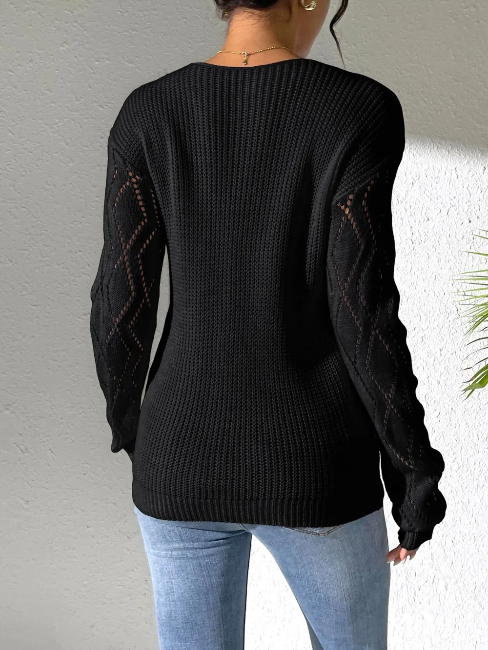 Openwork V-Neck Long Sleeve Sweater - Image 11