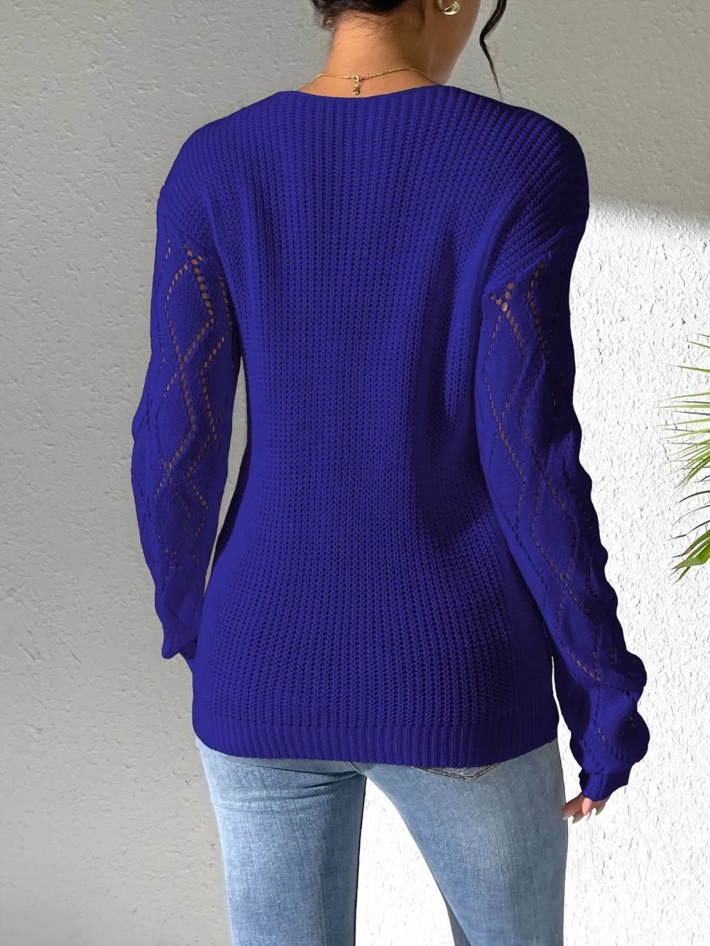Openwork V-Neck Long Sleeve Sweater - Image 14