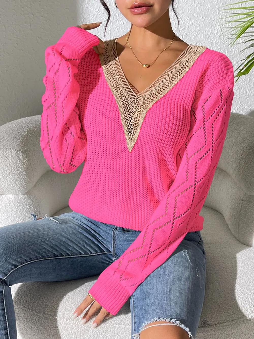 Openwork V-Neck Long Sleeve Sweater - Image 16