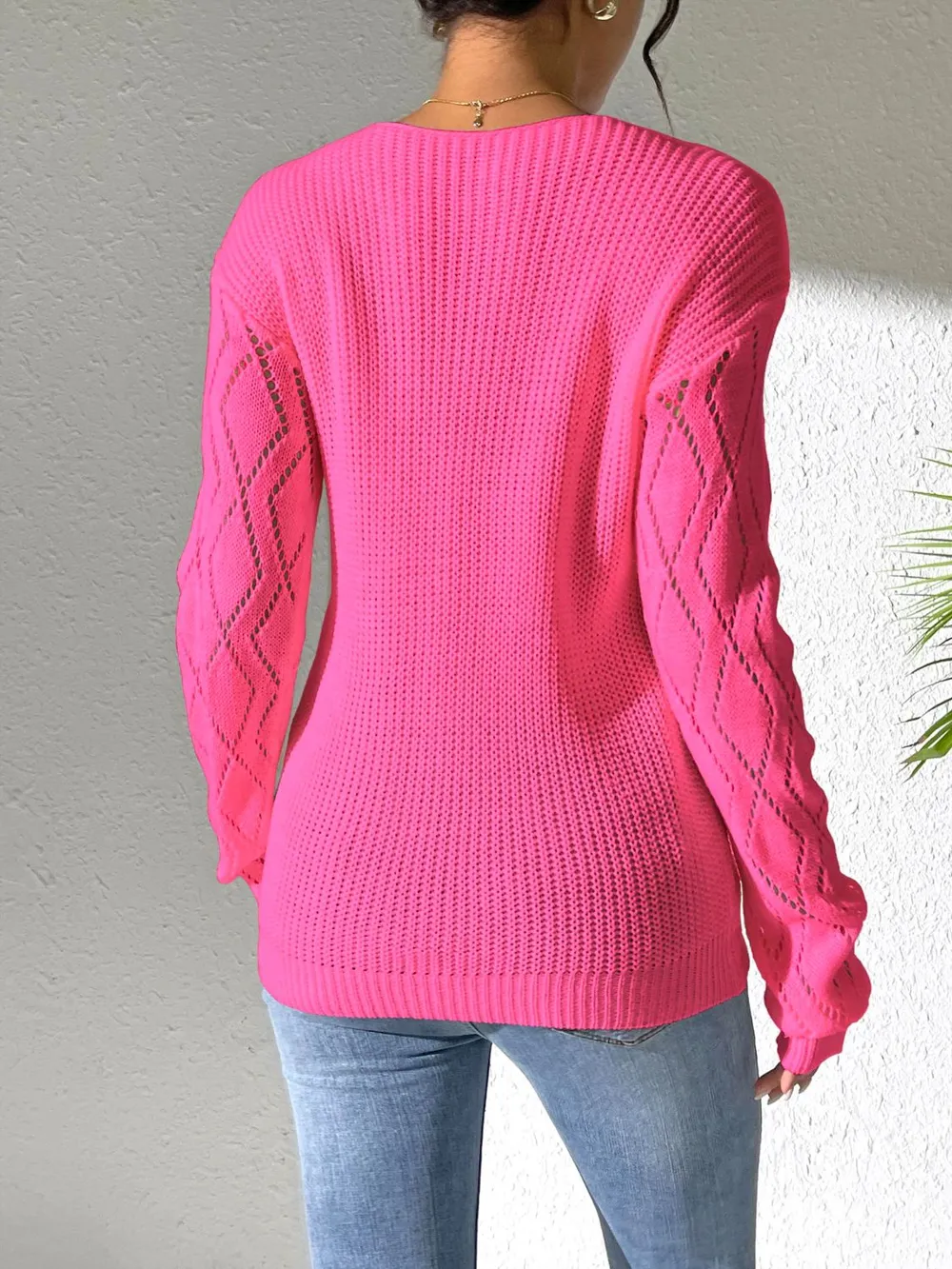Openwork V-Neck Long Sleeve Sweater - Image 17